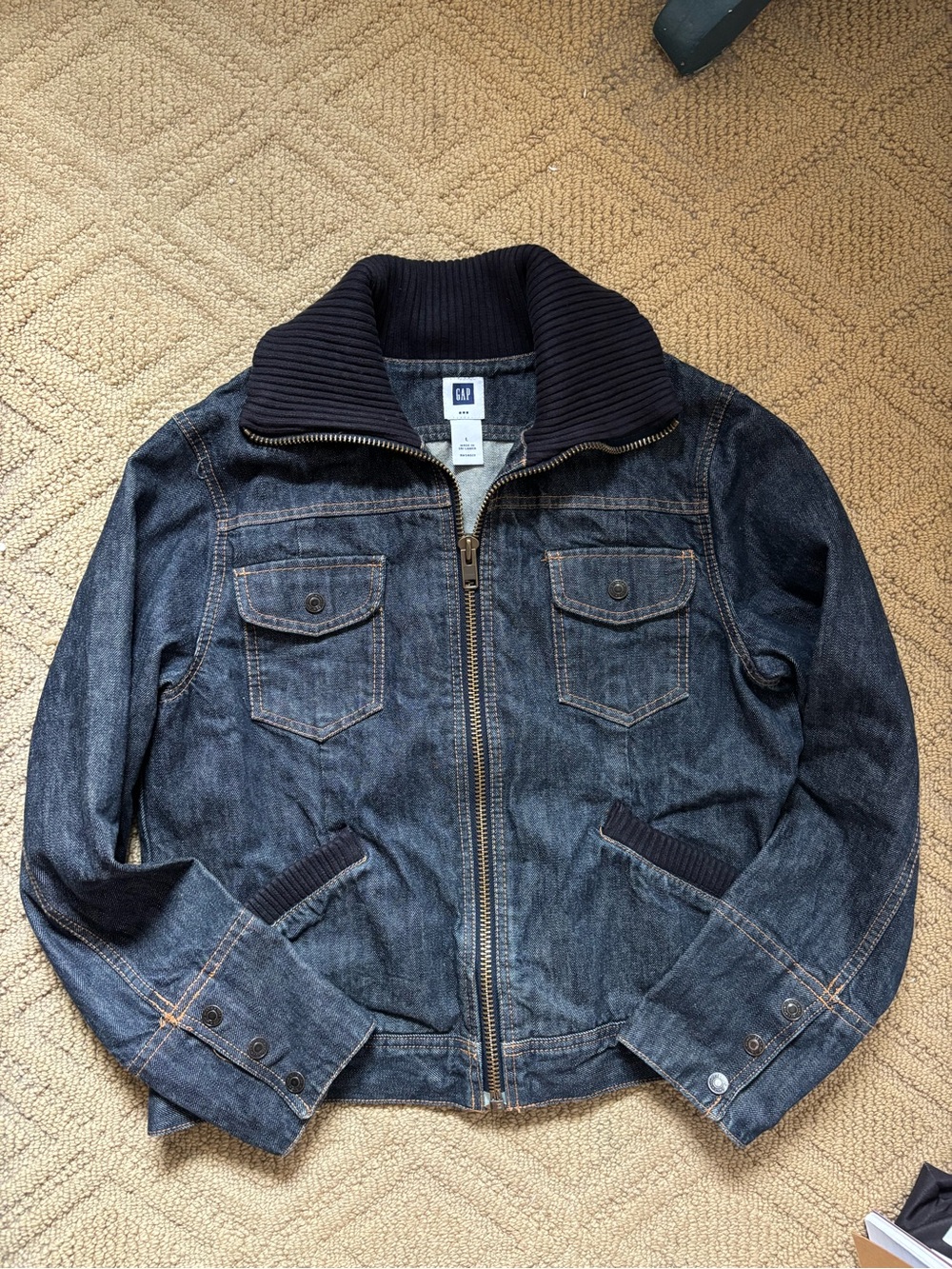 🍁 GAP Navy Blue Denim Jacket with Rib-Knit Collar